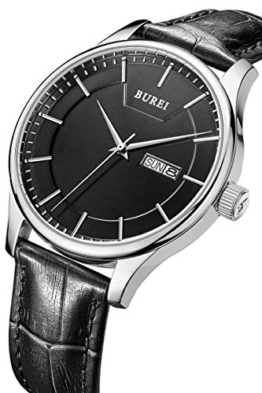 BUREI Herren Tag und Datum Kalender Armbanduhr Präzise Schwarz Quarz Armbanduhr mit schwarzem Lederband -